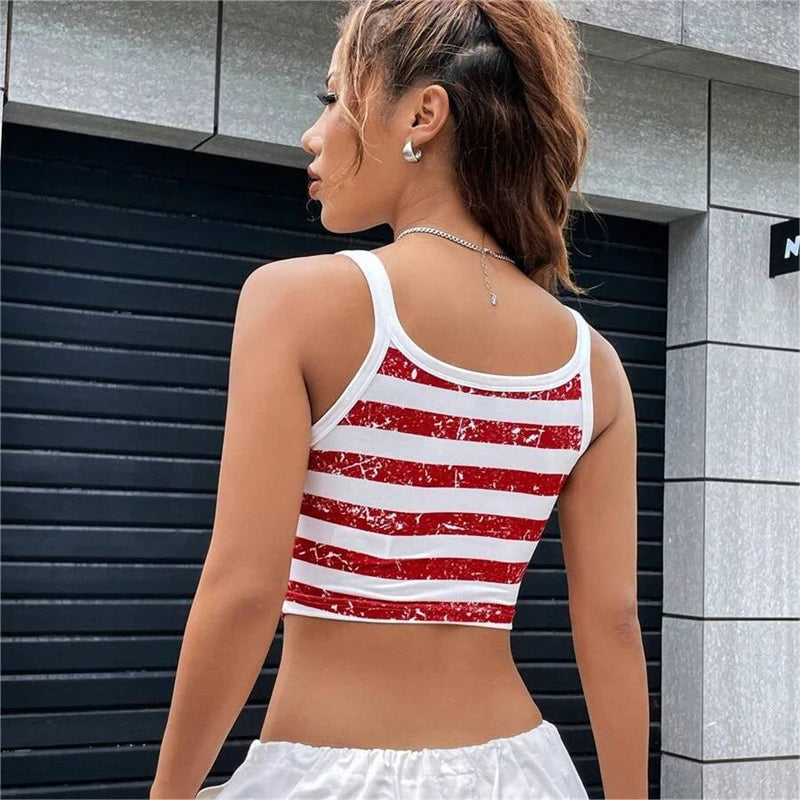 USA Flag Print Crop Top – Fitted, Cropped, Open-Back Style