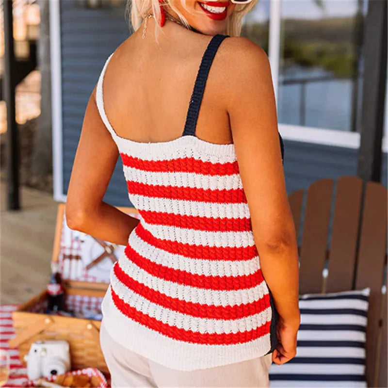 Women's knitted tank top with American flag print.