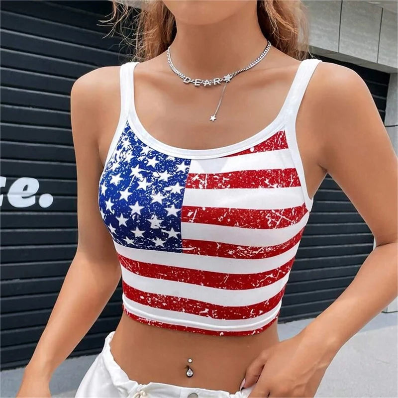 USA Flag Print Crop Top – Fitted, Cropped, Open-Back Style