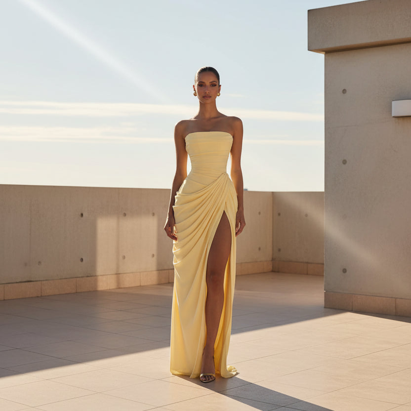 Empire Gala Long Dress – Sophisticated, Strapless and Pleated
